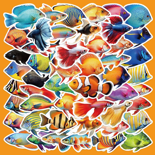 50pcs Cute Cartoon Fish Ocean Stickers for Helmet, Wall, DIY Decoration