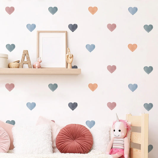 Boho Heart Watercolor Wall Stickers - 30PCS for Living Room, Bedroom, Nursery Decor
