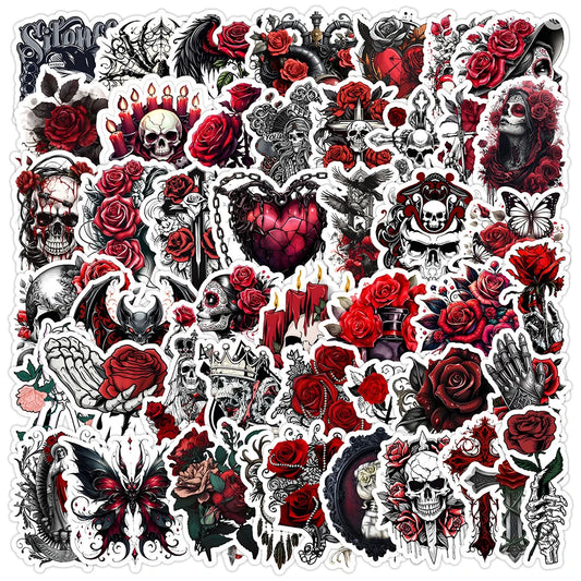 50pcs Red Rose Skull Graffiti Stickers for Helmet, Wall, DIY Decoration