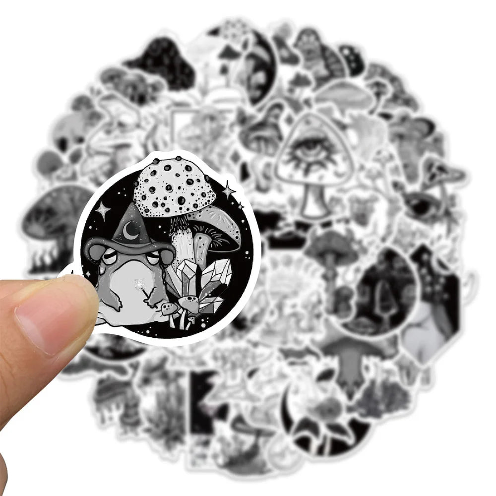 10/50pcs Funny Anime Psychedelic Mushroom Sticker Cute Black and White Magic Plant Stickers Phone Laptop Stickers Decals