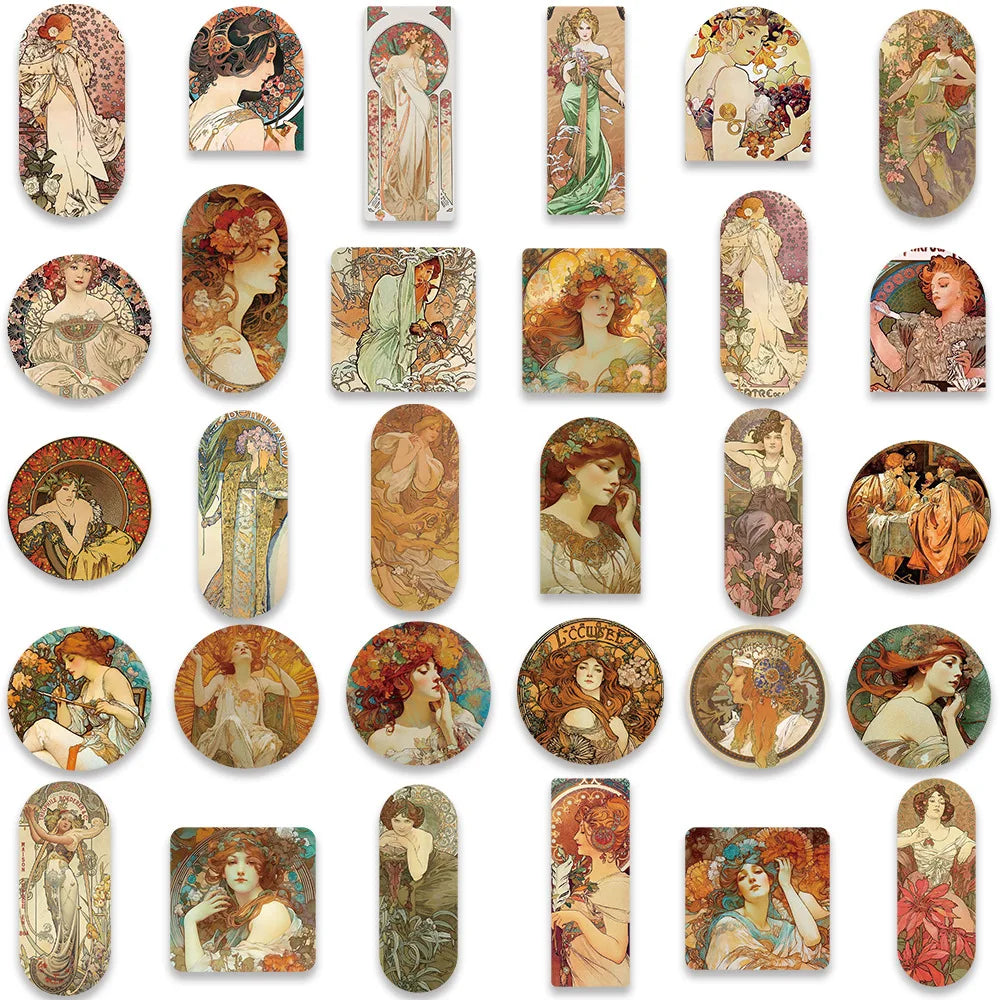 10/30/60PCS Alphonse Maria Mucha Art Graffiti Stickers Aesthetic Decoration DIY Phone Scrapbook Fridge Bike Wall Decals Kids Toy