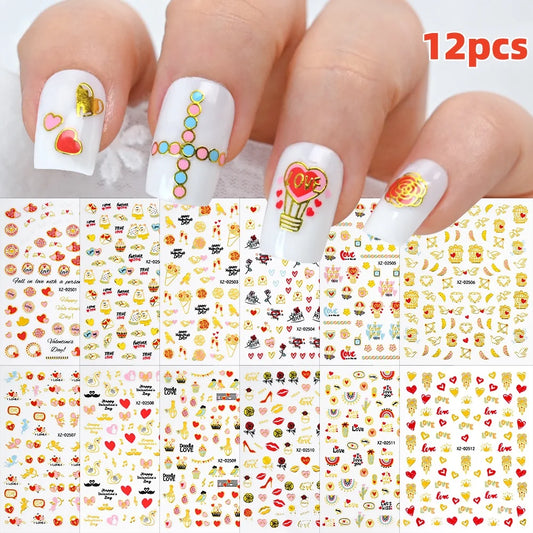 3D Glitter Heart Nail Stickers - 12Pcs Valentine Decals