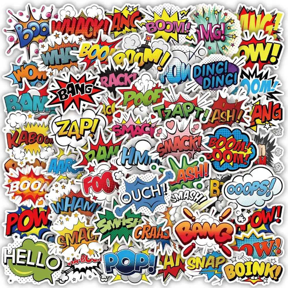 50PCS Cartoon Oops Omg Bam Pow Wow Boom Bang Explosion Cloud Style Anime Slogan Sticker Phone Laptop Luggage Skateboard