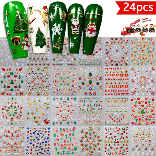 24pcs 3D Santa Snowman Nail Stickers Christmas Decor