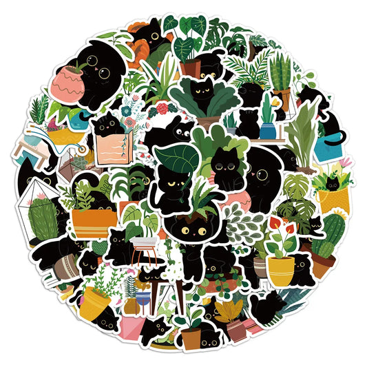 Cute Plant Cat Stickers for Laptop, Phone, Snowboard, Luggage, Fridge, DIY Decals, Kid Toy