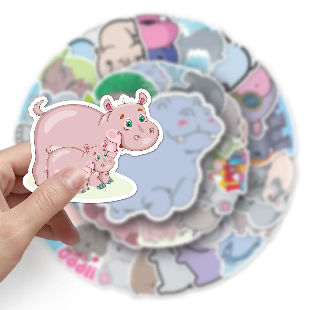 10/50PCS Cartoon Animal Hippo Sticker DIY Phone Laptop Luggage Skateboard Graffiti Decals Fun for Kid Toys