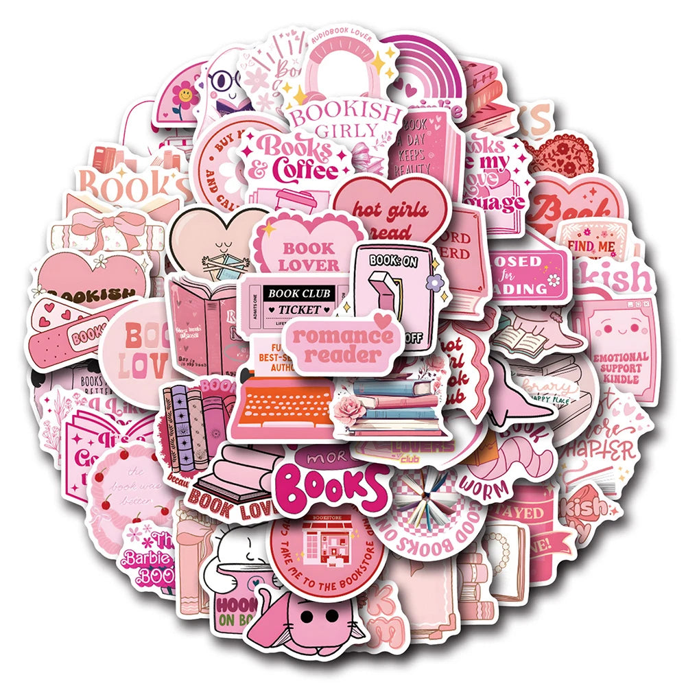 10/30/60PCS Cute Pink Reading Book Bookish Stickers Cartoon Decals DIY Decoration Notebook Laptop Phone Luggage Car Graffiti Toy