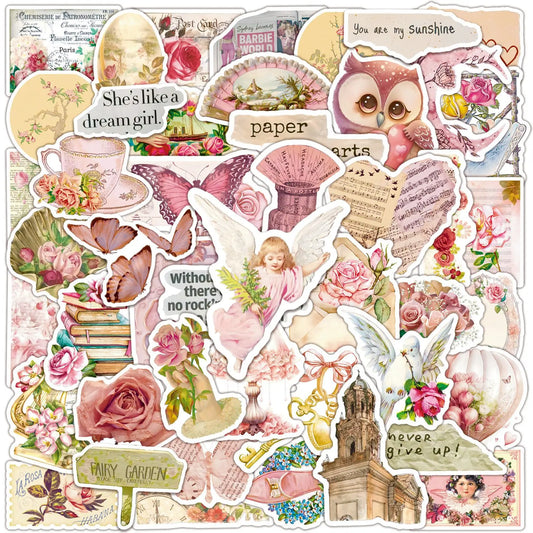 Vintage Pink Collage Stickers - DIY Diary, Fridge, Skateboard, Laptop, Luggage Decals