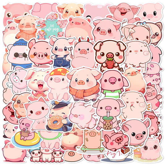 50pcs Kawaii Pink Pig Stickers for Helmet, Wall, DIY Decoration