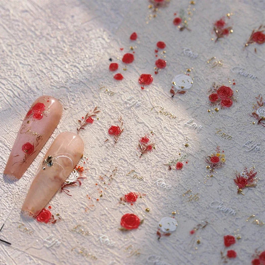 5D Red White Flower Nail Art Stickers Rhinestone Decals