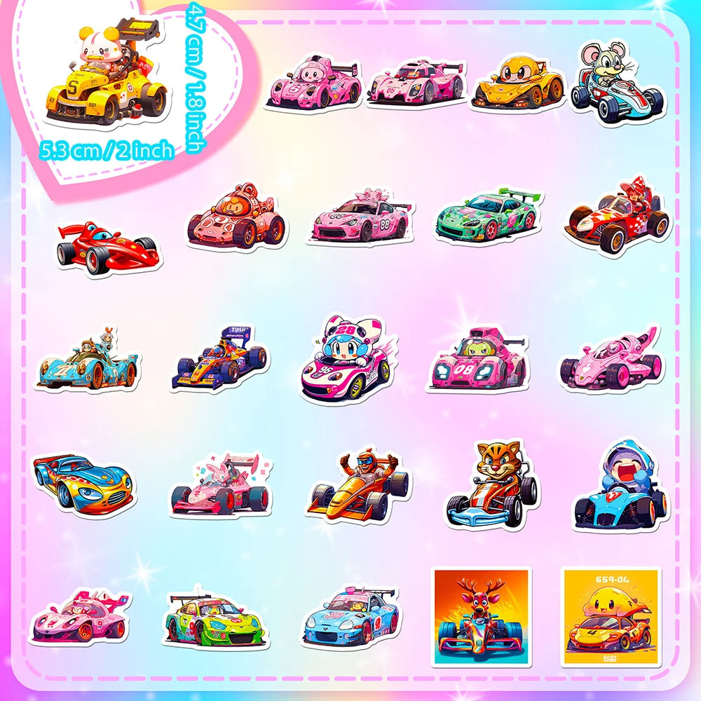 10/30/50PCS Catroon Animal Racing Car Stickers Graffiti PVC Waterproof Notebook Phone Bike Laptop Luggage Kids Toy Funny Decals