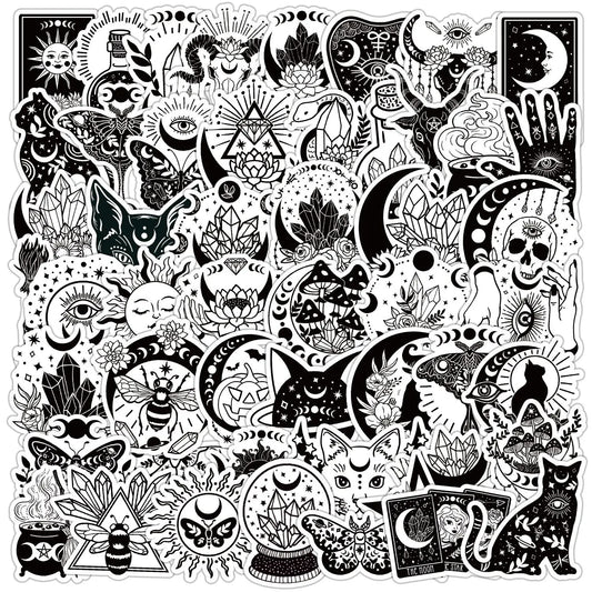 10/50PCS Black White Gothic Magic Witch Cartoon Stickers Halloween Tarot Goth Decals DIY Phone Laptop Luggage Skateboard Sticker