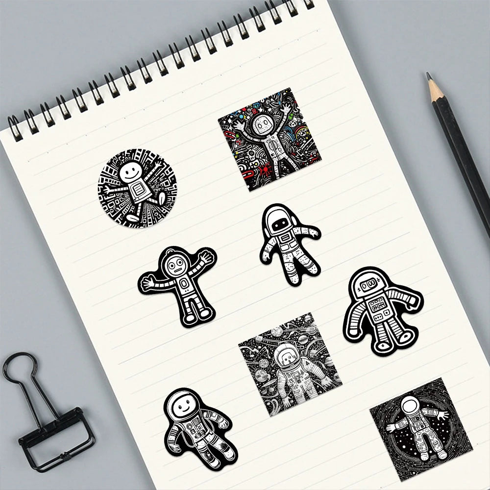 50PCS Cute Fun Black and White Robot Astronaut Sticker DIY Waterproof Luggage Laptop Guitar Bottle Phone Collection Decal