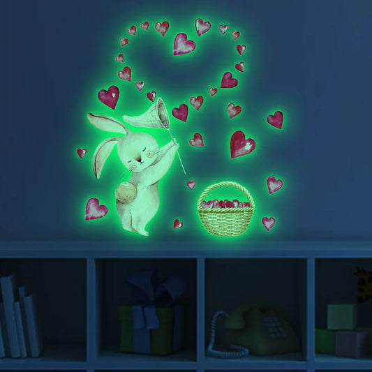 Glow-in-the-Dark Rabbit Heart Wall Stickers for Kids Room Decor