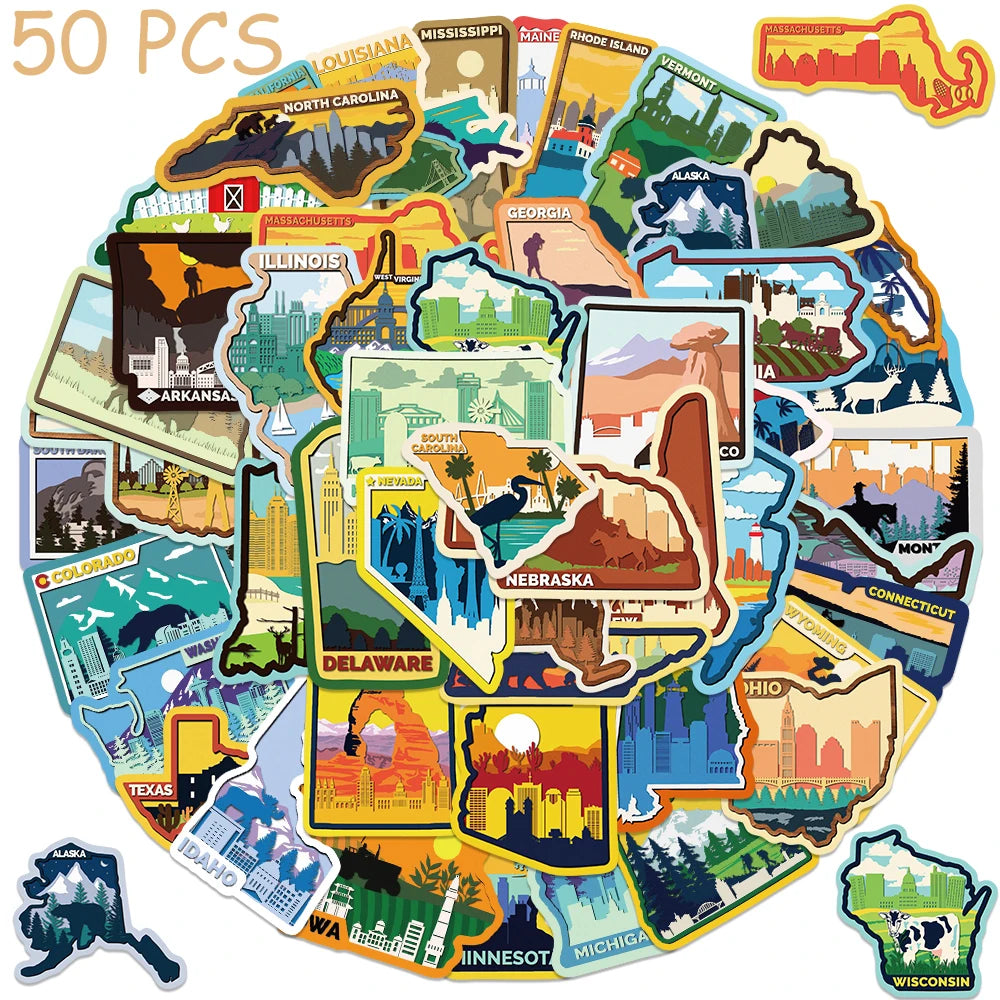 50pcs Various Continents In America Stickers Decals For Phone Laptop Luggage Skateboard Scrapbook Cartoon Aesthetic Stickers