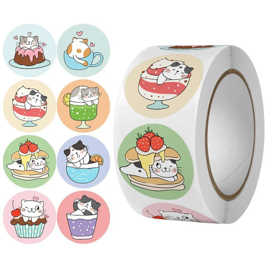 50-500pcs 1inch Round Cute Cartoon Cat Stickers for Kids Teacher Reward Encourage Sticker Office Seal label Animal Toys Label