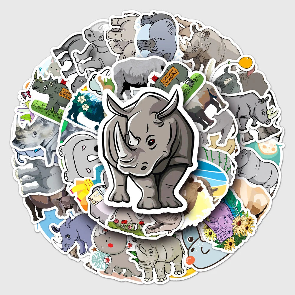 10/50pcs/Pack Lovely Rhino Cartoon Animal Stickers Waterproof Skateboard Motorcycle Guitar Luggage Laptop Bicycle Sticker Toys