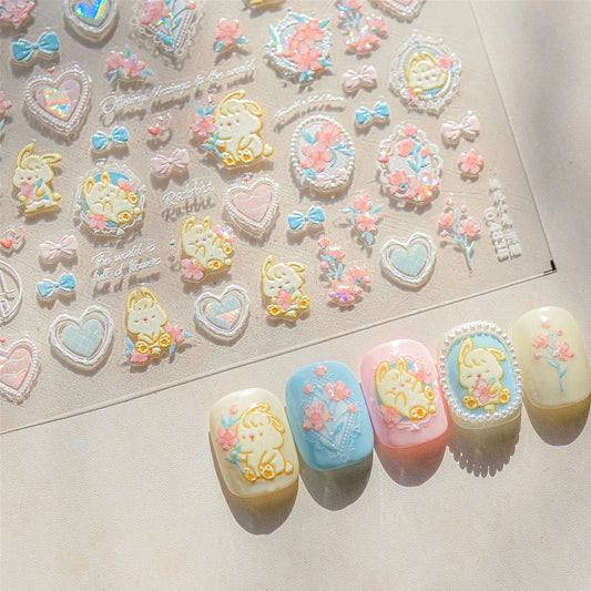 Yellow Rabbit Heart 5D Nail Art Stickers Rhinestone Decals