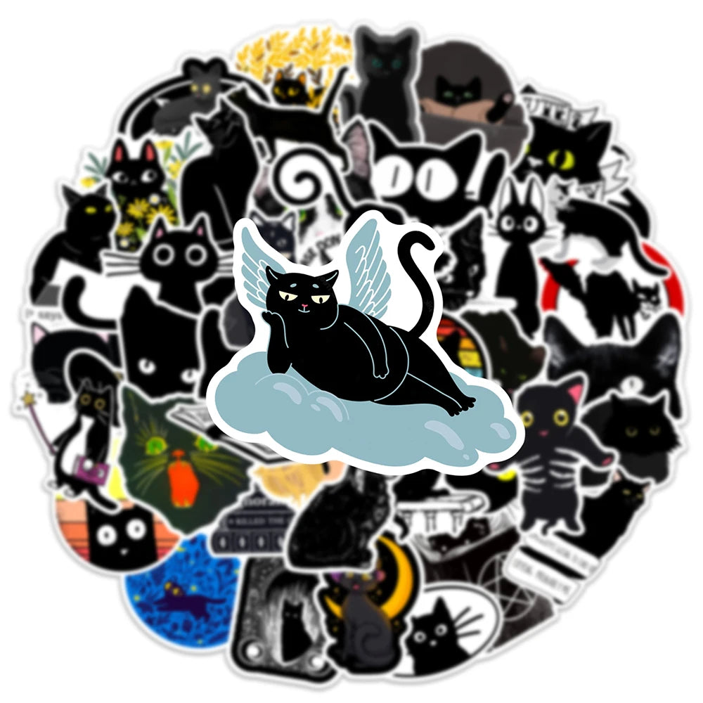 10/30/50/100PCS Cartoon Black Cat Stickers Scrapbook Phone Guitar Laptop Luggage PVC Waterproof Car Sticker Children Classic Toy
