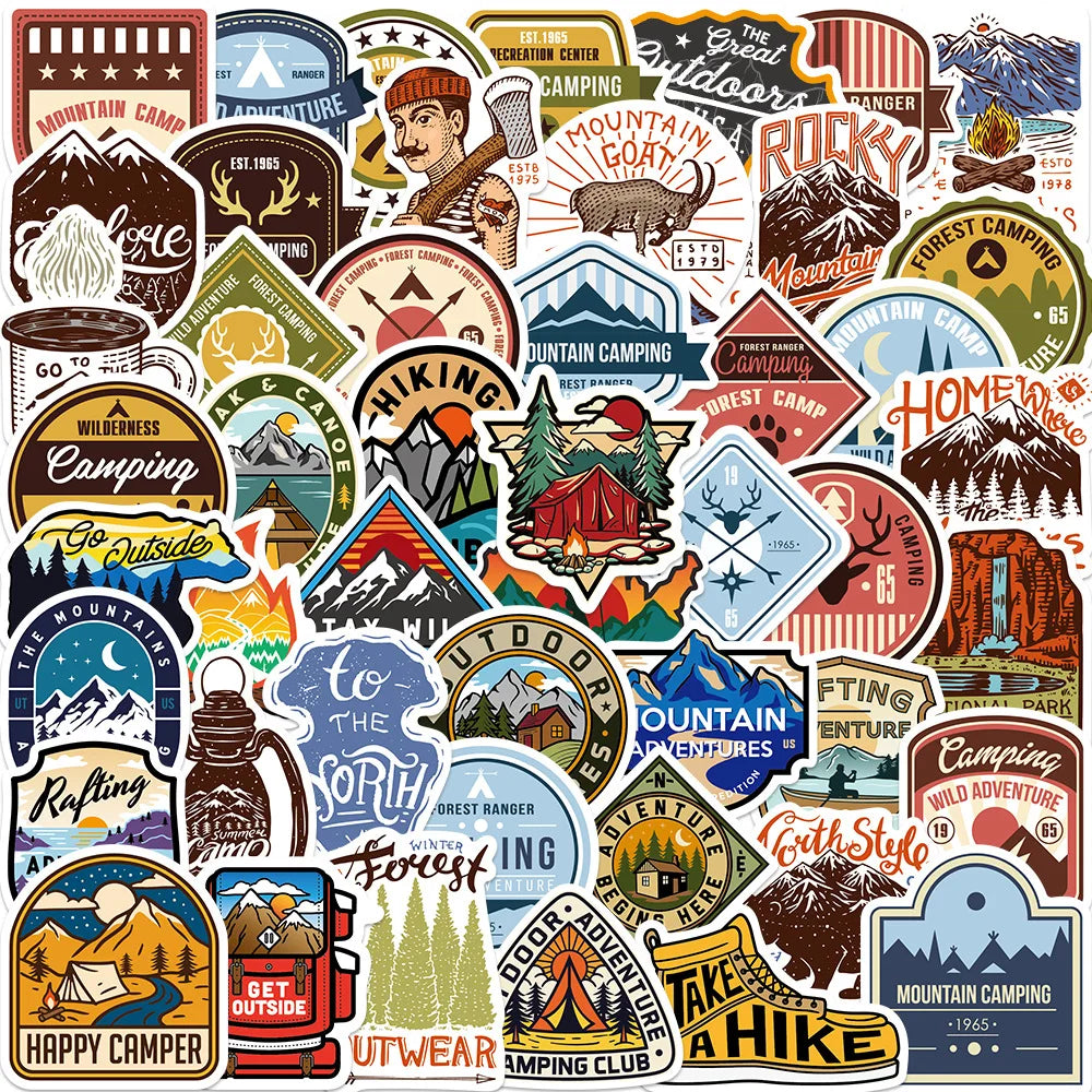 10/30/48PCS Camping Stickers Outdoor Travel Hiking Cartoon Decals DIY Laptop Scrapbook Phone Luggage Water Bottle Helmet Sticker