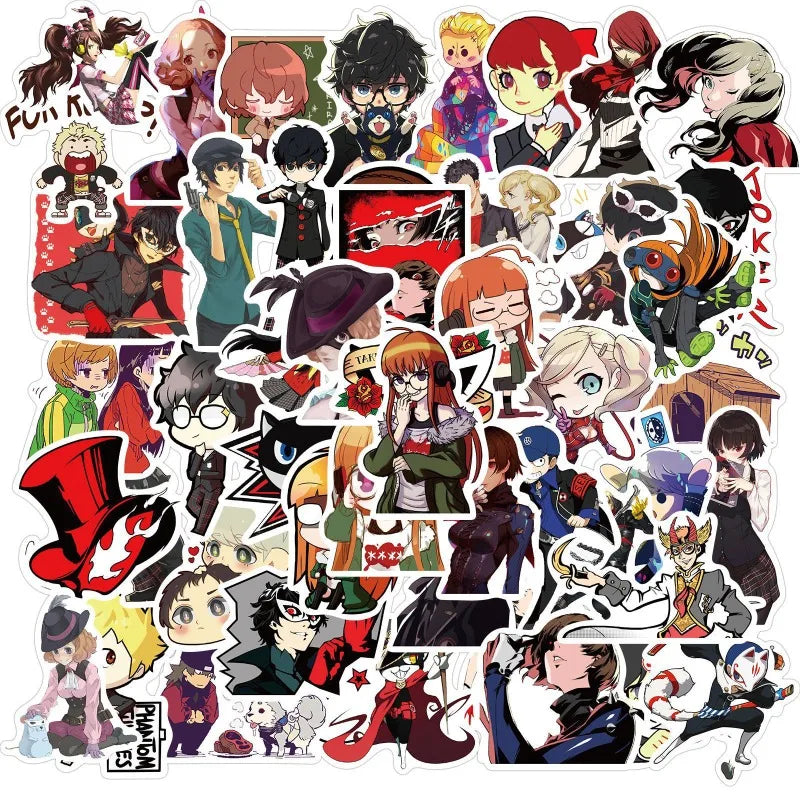 50pcs Persona Game Sticker Pack for Luggage, Water Bottles, Phones, Laptops, Cars, Scooters, and More