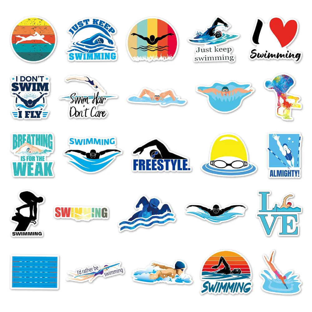 10/50pcs Outdoor Swimming Stickers Summer Seaside Surfing Waterproof Stickers DIY Skateboard Motorcycle Car Luggage Stickers