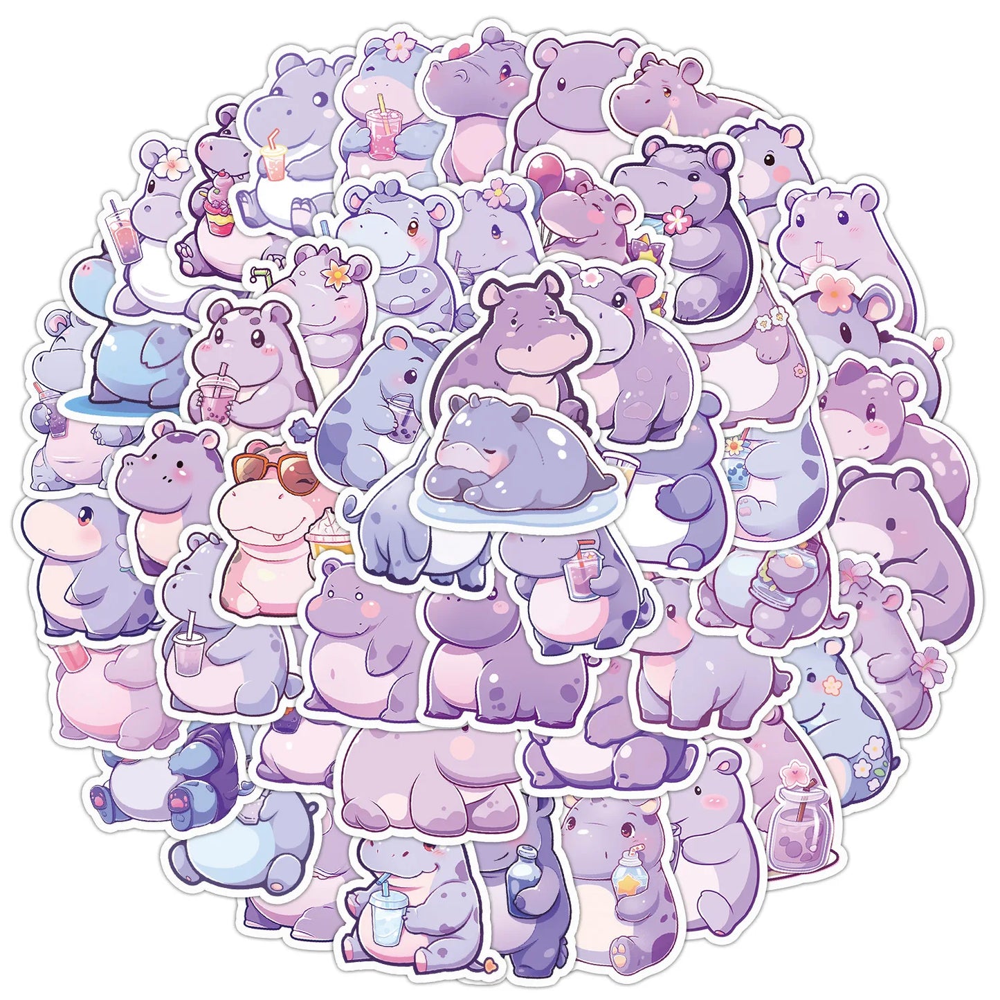 50pcs Cute Hippo Cartoon Stickers for Helmet, Wall, DIY Decoration