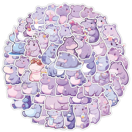 50pcs Cute Hippo Cartoon Stickers for Helmet, Wall, DIY Decoration