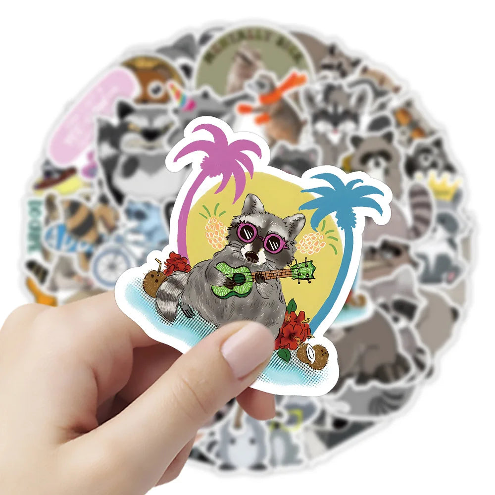 50/100Pcs Novelty Cute Kawaii Cartoon Animals Raccoon Stickers PVC Waterproof Stickers Decals For Kids Boys Girls Toys Gifts