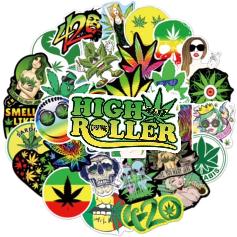 10/30/50PCS Funny Characters Leaves Weed Smoking Stickers Kid Toy PVC Waterproof Decals DIY Suitcase Motorcycle Bike Car Sticker