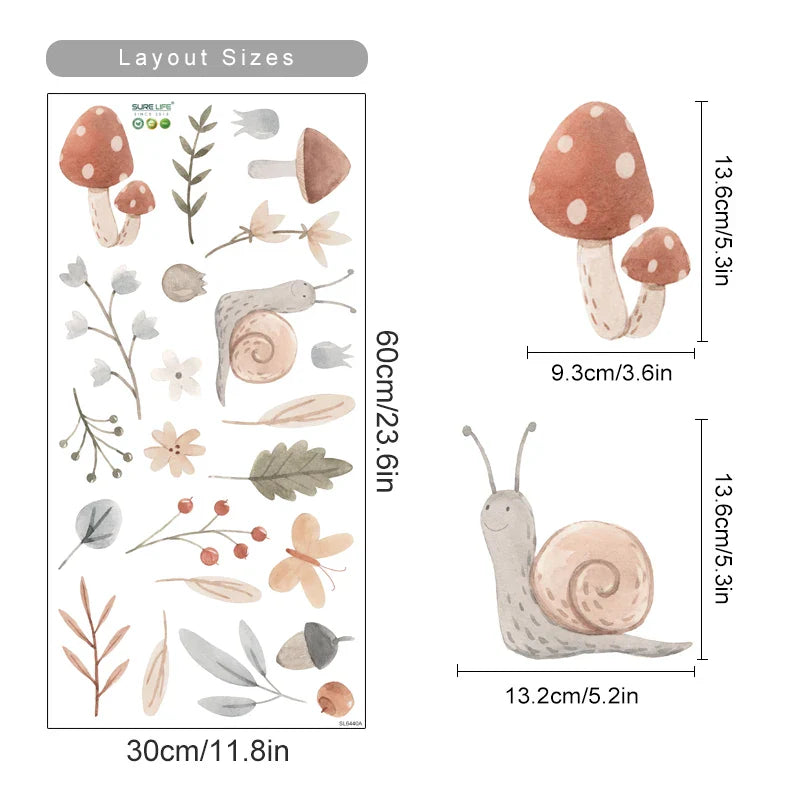 Boho Snail Mushroom Nursery Wall Decals Removable Vinyl Stickers Kids Room Decor