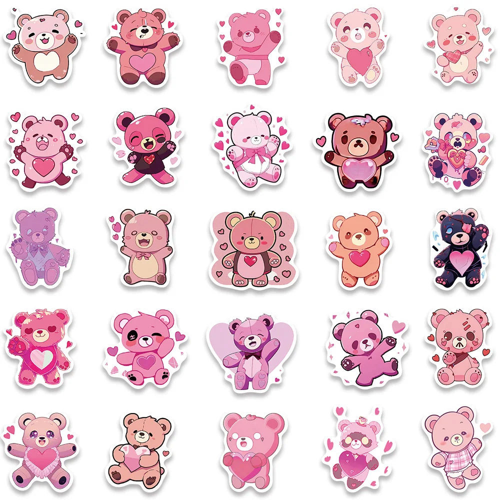 50pcs Cute Cartoon Love Heart Bear Stickers Kids Toy Vinyl Laptop Decals Luggage Phone Diary Guitar Car Waterproof Graffiti