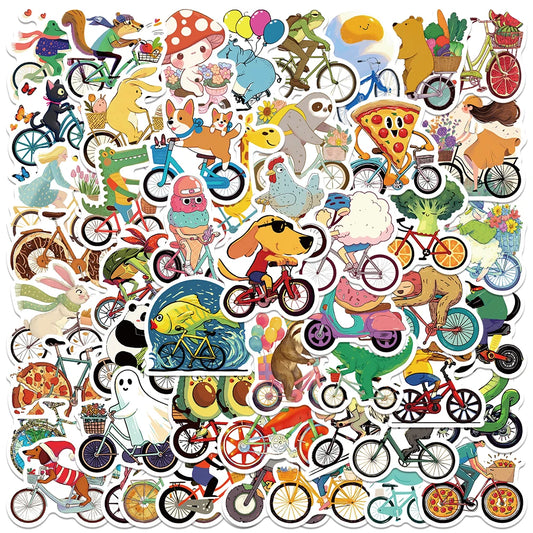 50pcs Cute Cartoon Biking Food Animals Stickers Laptop Water Bottle Decals Luggage Notebook Phone Waterproof Vinyl Stickers