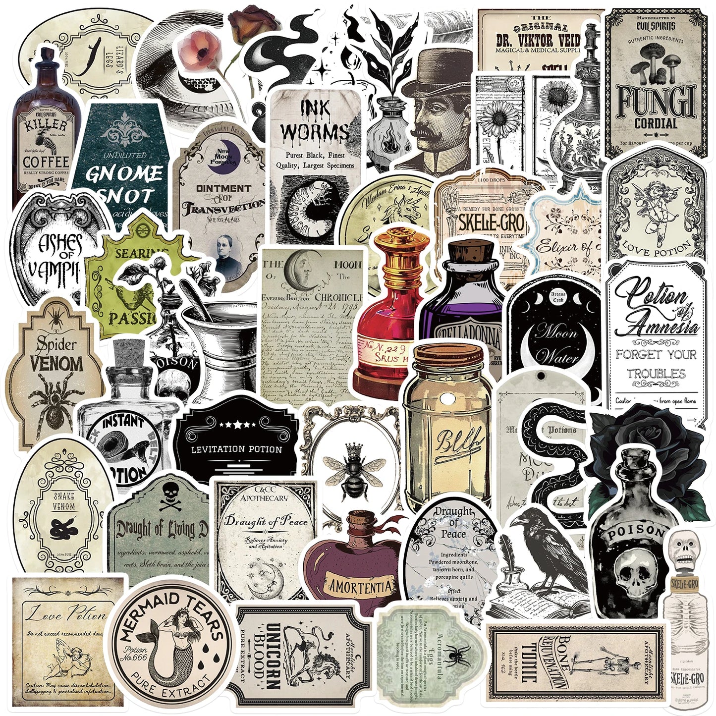 50PCS Retro Potion Label Gothic APothecary Stickers For Helmet Car Skateboard Laptop Phone Sticker DIY Graffiti Cool Decal