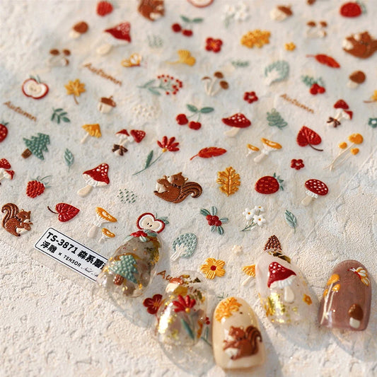 Nail Art Stickers: Squirrel, Mushroom, Butterfly, Flower Decals
