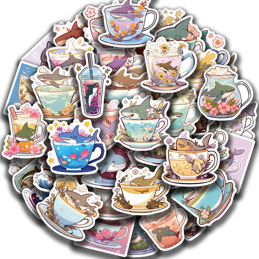 50pcs Shark Cartoon Waterproof Stickers for Laptops & Bikes