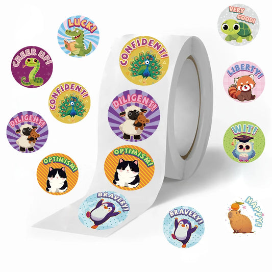 500PCS Animal Slogans Stickers Per Roll-Perfect for Children's Reward Laser Stickers Wall Crafts and Classroom Supplies