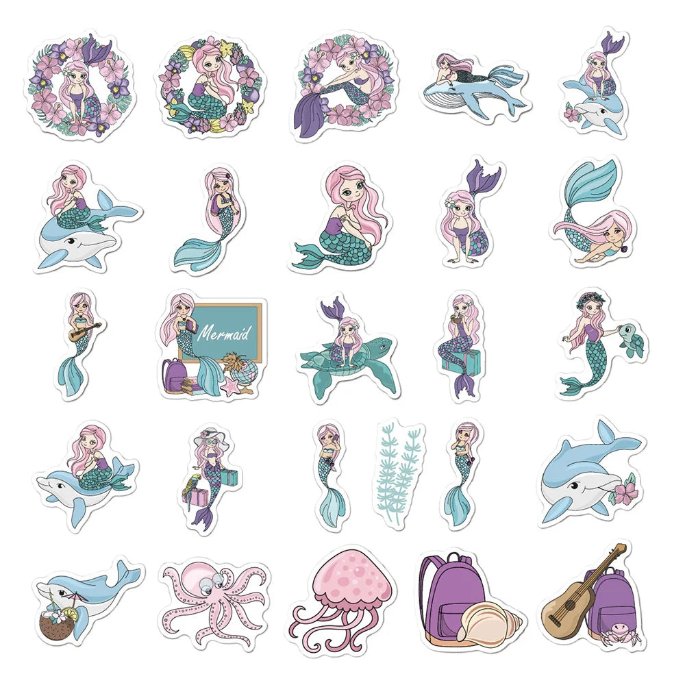 10/30/50PCS Cute Mermaid Animal Sticker Kid Toy Funny Aquatic Creatures DIY Phone Luggage Laptop Notebook Cartoon Sticker Decals