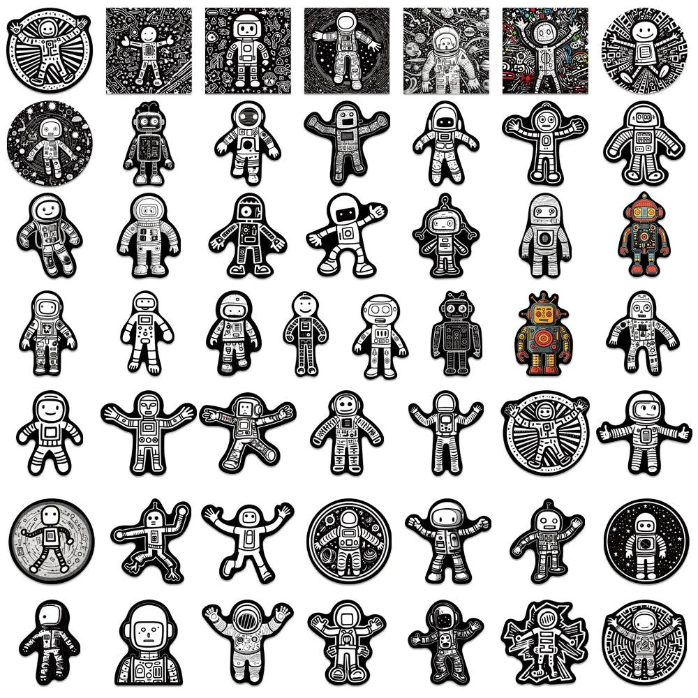 50PCS Cute Fun Black and White Robot Astronaut Sticker DIY Waterproof Luggage Laptop Guitar Bottle Phone Collection Decal