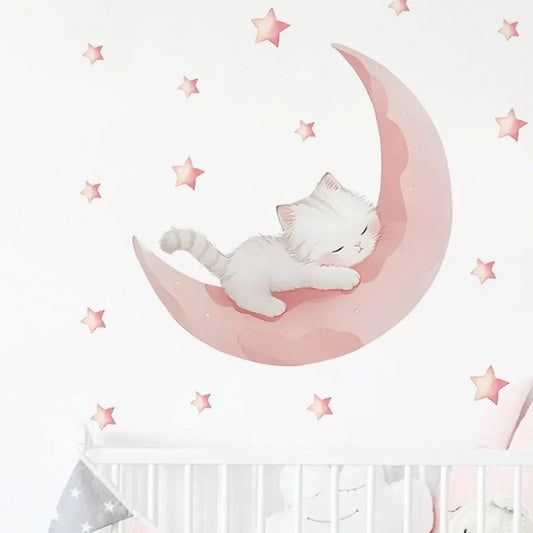 Pink Cat Moon Wall Stickers Kids Room Decor