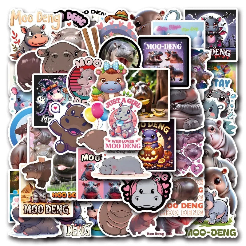 50pcs Cartoon Moo Deng Sticker Set for Laptop, Phone, Car, Scooter, Water Bottle, Fridge, Stationery