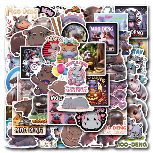 50pcs Cartoon Moo Deng Sticker Set for Laptop, Phone, Car, Scooter, Water Bottle, Fridge, Stationery