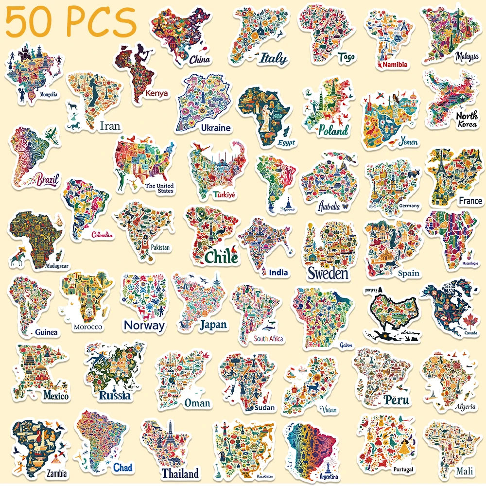 50pcs Maps In cultural Symbols And Icons Stickers Aesthetic Decals For Laptop Skateboard Suitcase Guitar Waterproof Stickers