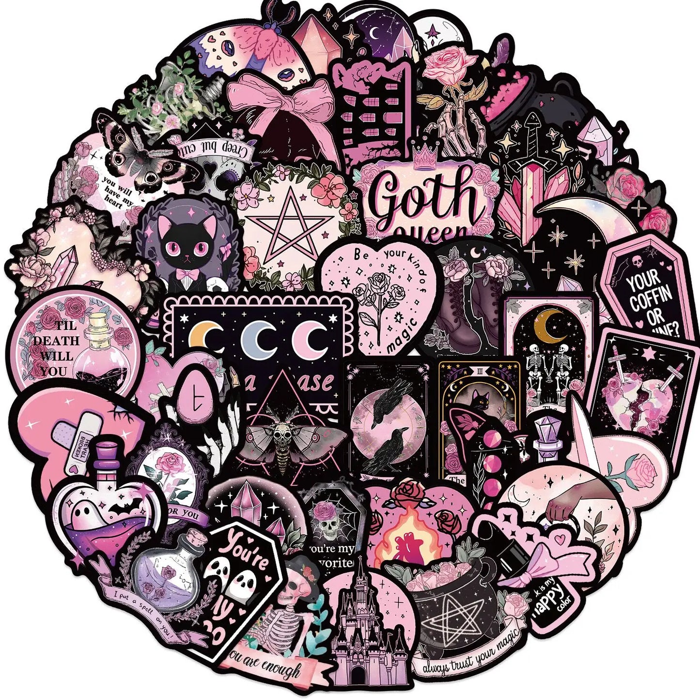 10/50pcs Cool Dark Pink Gothic Skull Graffiti Stickers Halloween Tarot Goth Decals DIY Scrapbook Luggage Waterproof PVC Sticker