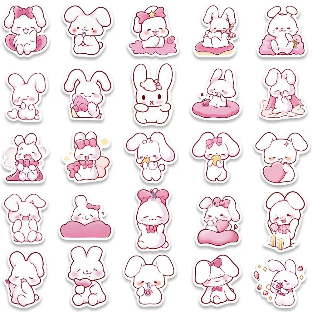 50pcs Cute Cartoon Pink Rabbits Stickers Pack For Skateboard Luggage Laptop Guitar Waterproof Graffiti Bicycle Phone Decals