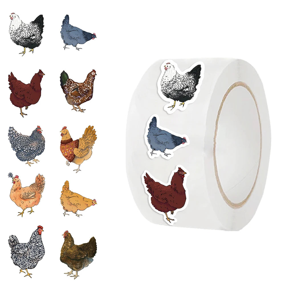 500PCS Chicken Hen Rooster Waterproof Roll Stickers for Water Bottles Bicycle Laptop Refrigerator Luggage Computer