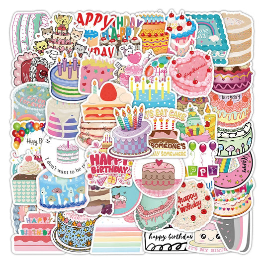 50pcs Cartoon Birthday Cake Stickers Waterproof for Laptop, Phone, Helmet, Luggage, Car, Notebook, Kids DIY Decor