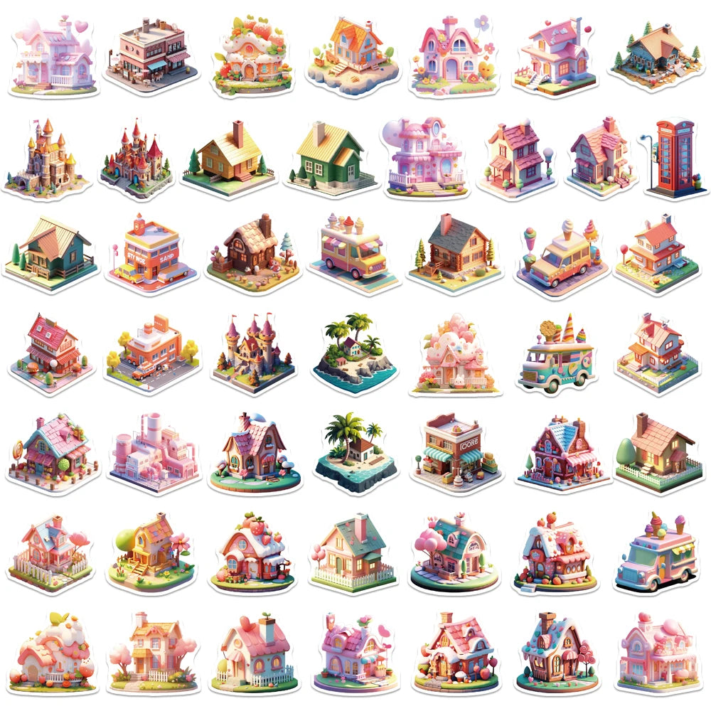 10/25/50PCS 3D Style Diversified Castle Cabin Sticker Cute Cartoon DIY Waterproof Decoration Cup Clipbook Laptop Phone Decal