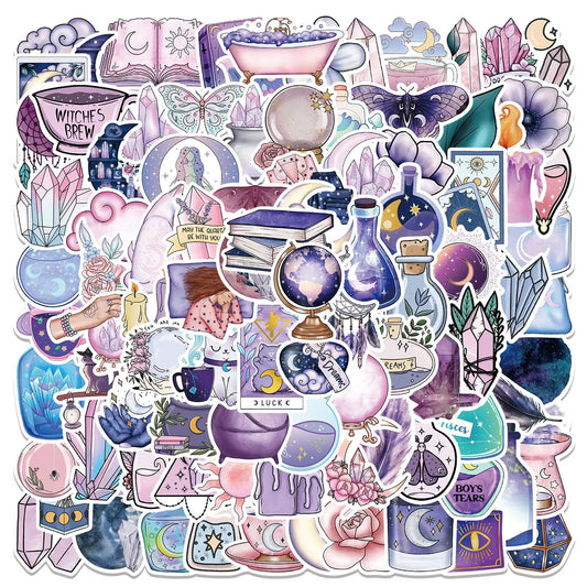 Purple Magic Crystal Moon Stickers - Aesthetic Waterproof Decals for Laptop, Phone, Luggage, Guitar (10/30/50/100PCS)