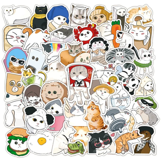 50pcs Cute Cat Stickers for Helmet, Wall, DIY Decoration with Storage Box